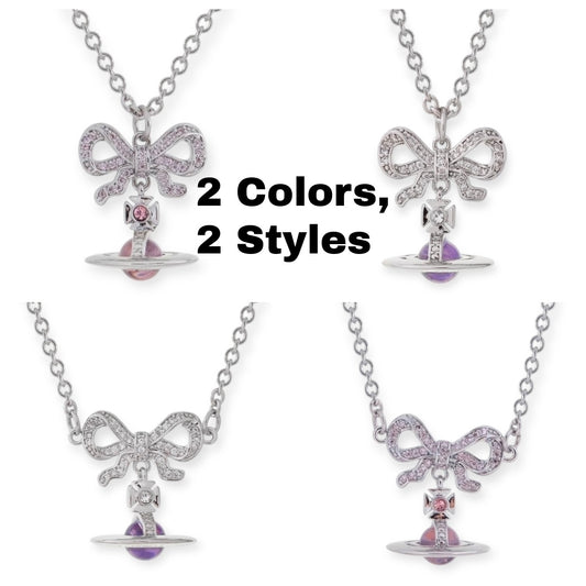 Gem Studded Bow Ribbon Mini Orb Pendant Necklace Pink & Purple (2 Colors, 2 Styles)