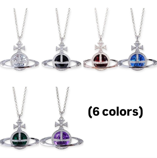 Colored Gem Engraved Orb Orbit Pendant Necklace (6 Colors)