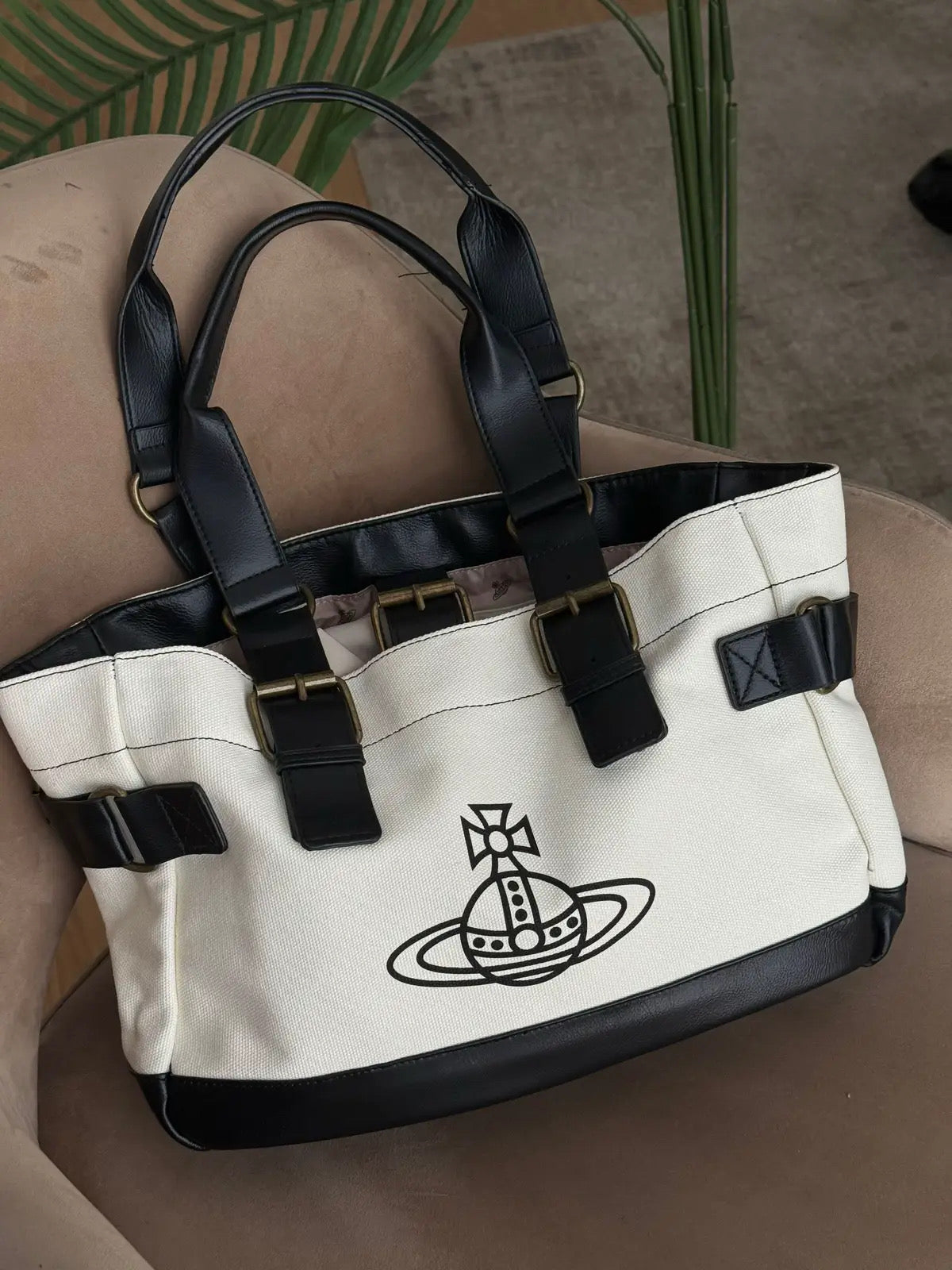 Cream and Black Orb Engraved Design Messenger Tote Hand Bag