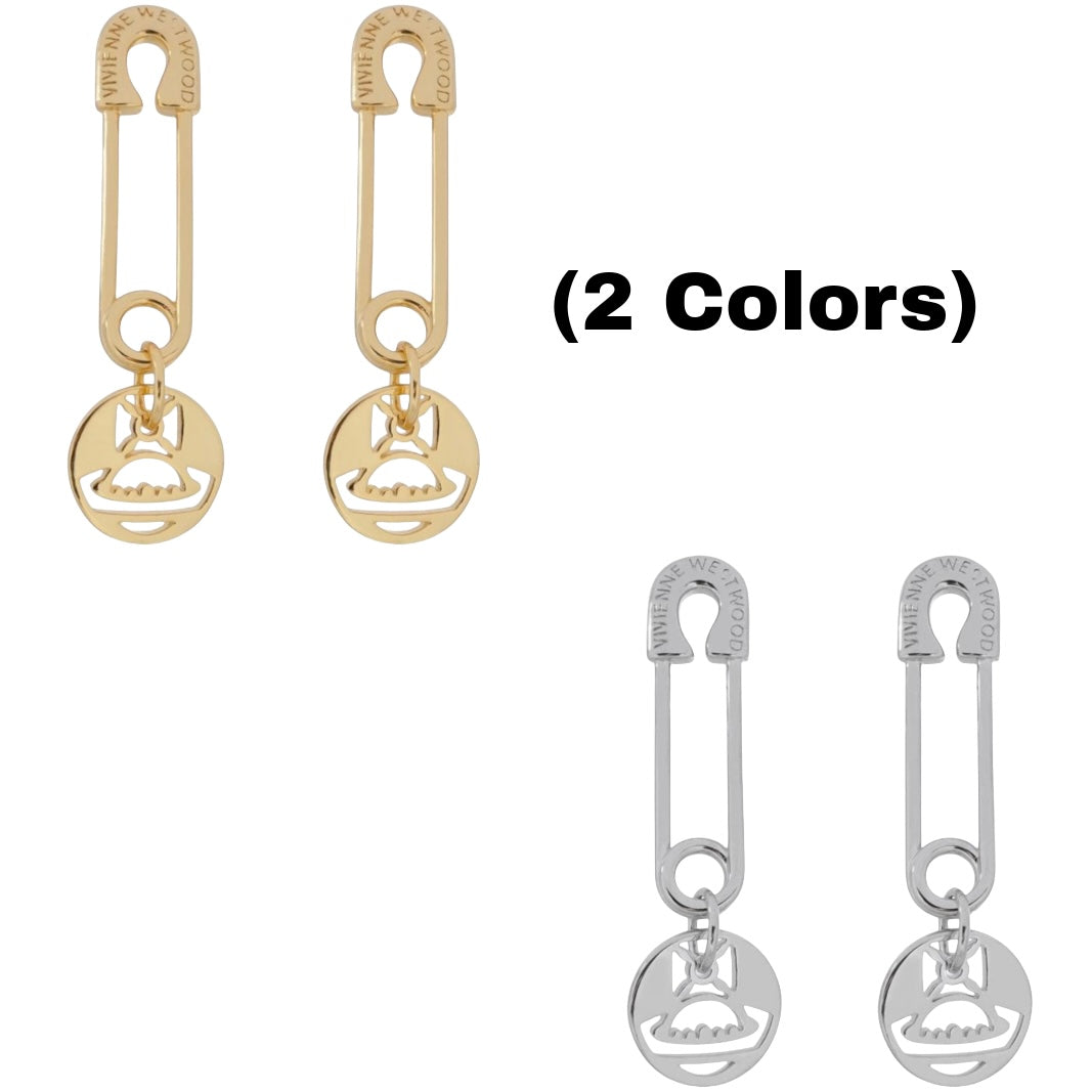 Safety Pin Hanging Cutout Orb Design Pendant Gold & Silver Stud Earrings (2 Colors)