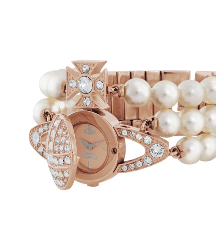 Beaded Pearl Strand Triple Layer Gem Orb Rose Gold Watch