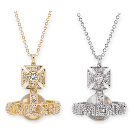 Multi Gem Studded Spellout Text Clear Orb Necklace Gold & Silver (2 Colors)