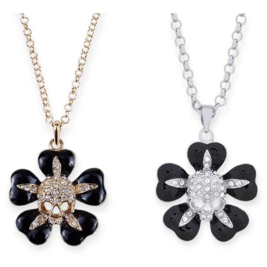 Flower Petals Skull Gem Pendant Necklace Gold & Silver (2 colors)
