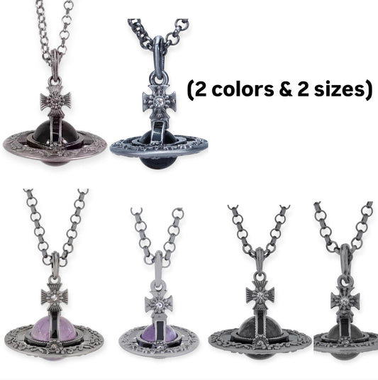 Detailed Gothic Orb Pendant Necklaces Purple & Dark Silver Colorways *20MM & 10MM*