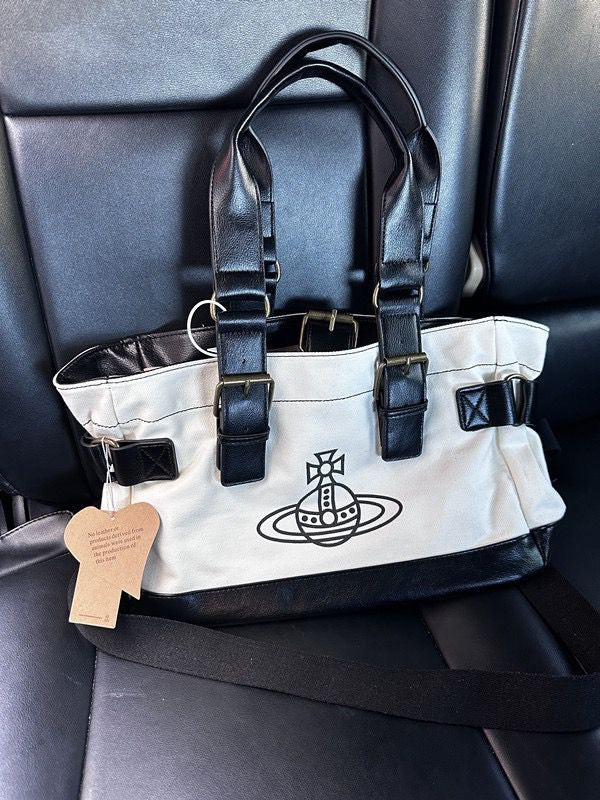 Cream and Black Orb Engraved Design Messenger Tote Hand Bag