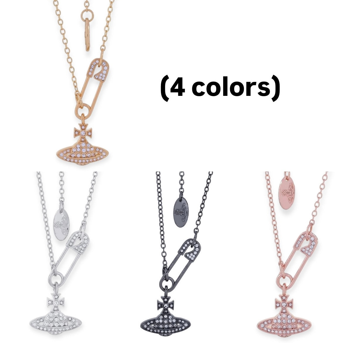 Safety Pin Asymmetrical Gem Studded Orb Pendant Necklace (4 Colors)