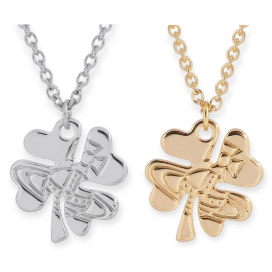 Lucky Clover Staple Engraved Orb Pendant Necklace Gold & Silver (2 Colors)