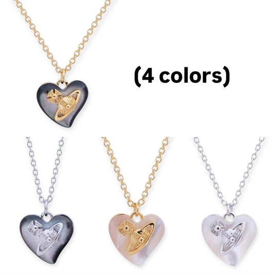 Heart Shaped Iridescent Stone Engraved Orb Necklace (4 Colors)