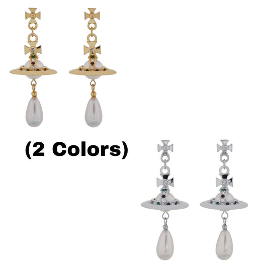 Beaded Pearl Orb Tear Drop Pendant Earrings Gold & Silver