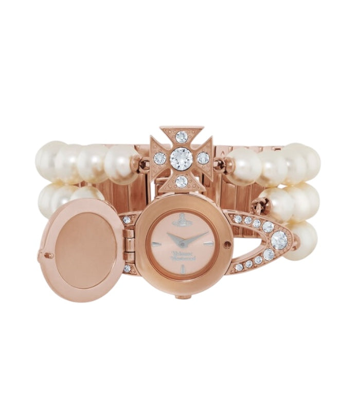 Beaded Pearl Strand Triple Layer Gem Orb Rose Gold Watch