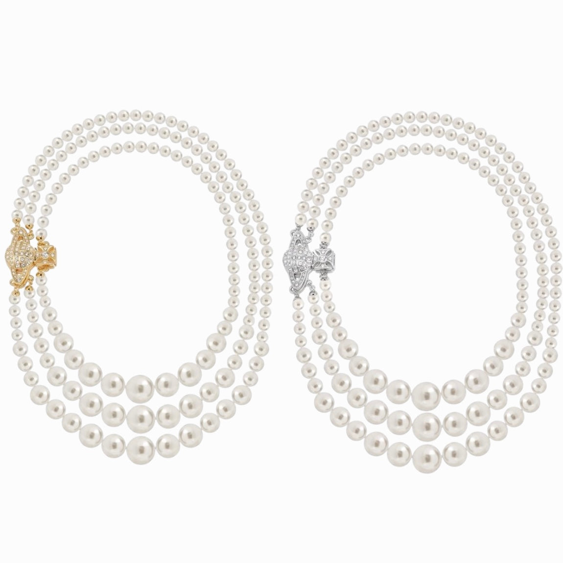 Triple Layer Pearl Sideways Magnet Clasp Gem Studded Orb Pendant Necklace Gold & Silver (2 Colors)