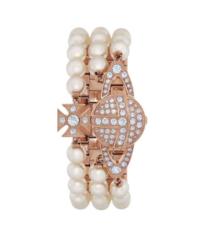 Beaded Pearl Strand Triple Layer Gem Orb Rose Gold Watch