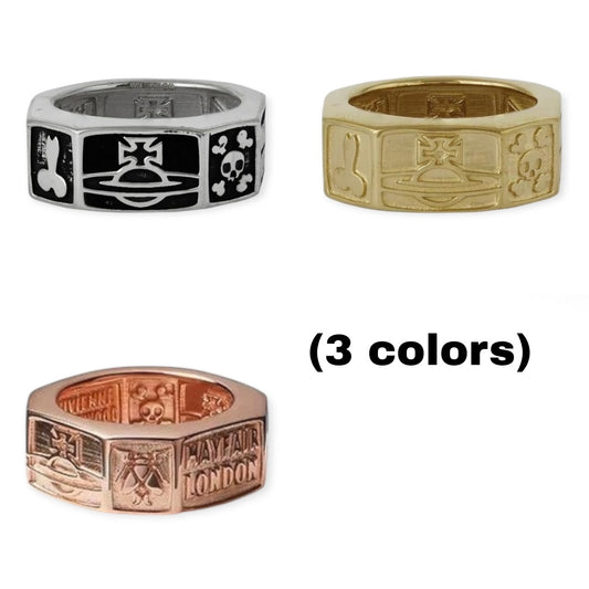 Octagon Shape Multi Symbol Engraved Orb Design Ring (3 Colors)