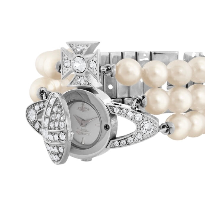 Beaded Pearl Strand Triple Layer Gem Orb Silver Watch