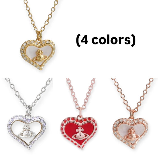 Heart Shaped Shape Plate Design Colorful Pendant Gem Studded Necklace (4 Colors)