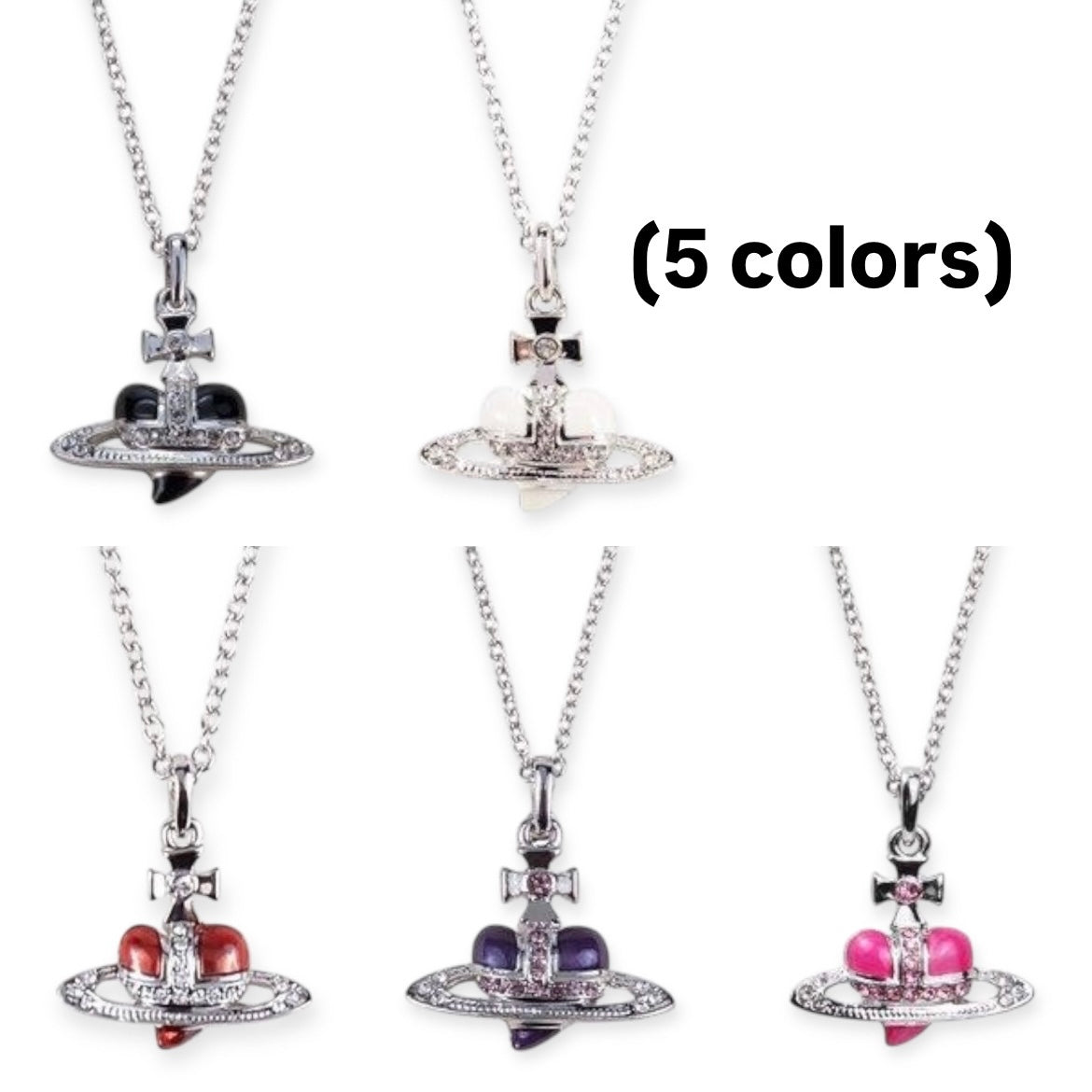 Mini Heart Shape Shaped Orb Design Pendant Silver Chain Necklace (5 Colors)