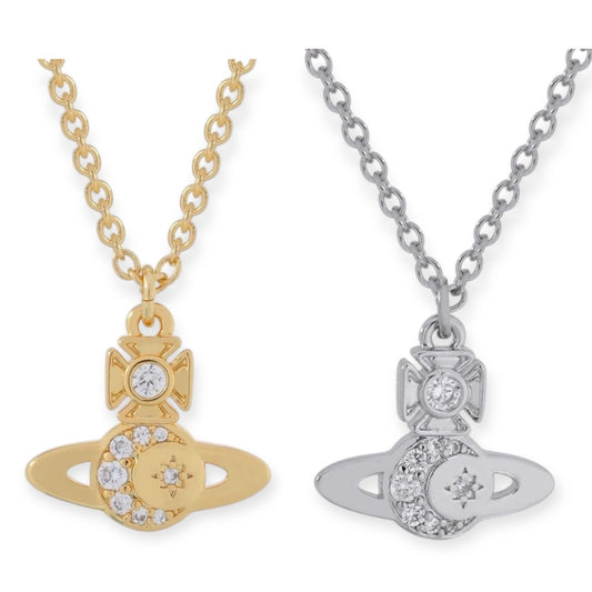 Gem Studded Crescent Moon Stars Display Orb Pendant Necklace Gold & Silver (2 Colors)