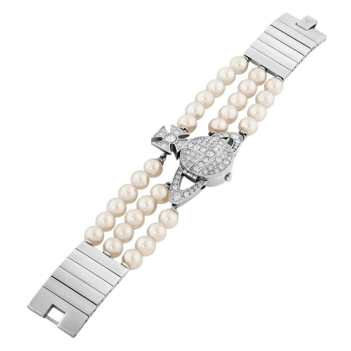 Beaded Pearl Strand Triple Layer Gem Orb Silver Watch