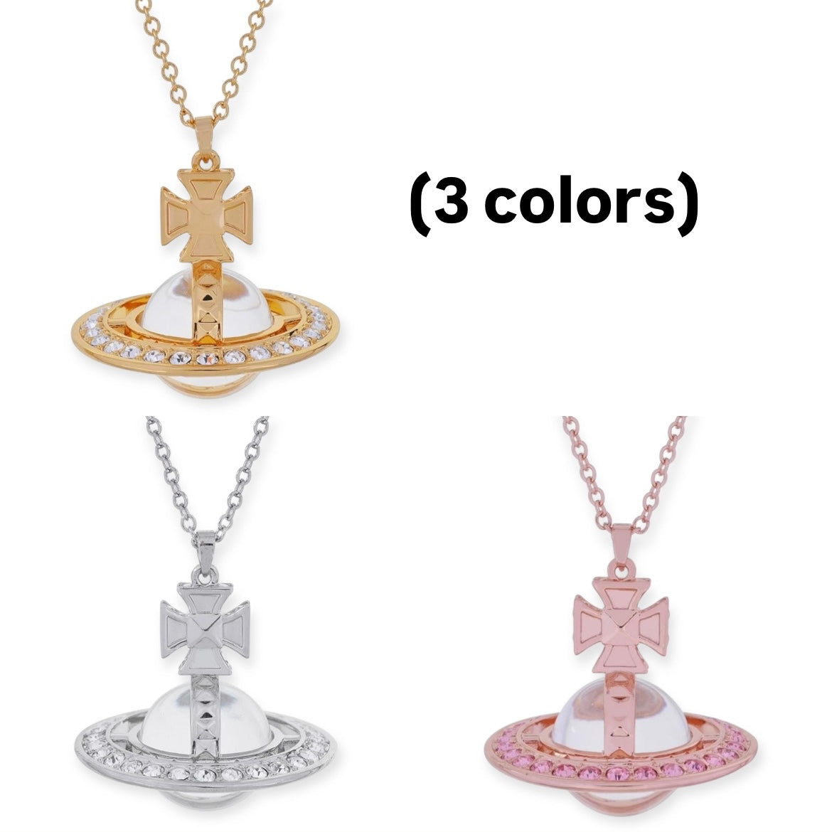 Spiked Edge Gem Studded Rim 3D Cross Clear Orb Pendant Necklace (3 Colors)