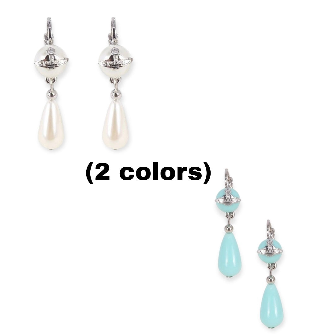 Silver Orb Pendant Ball Hanging Pearl Tear Drop Earrings (2 Colors)