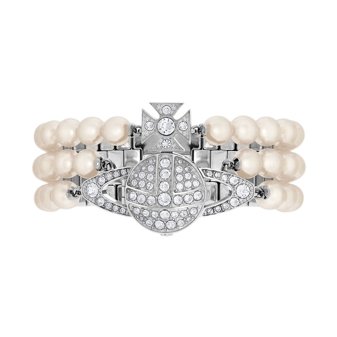 Beaded Pearl Strand Triple Layer Gem Orb Silver Watch