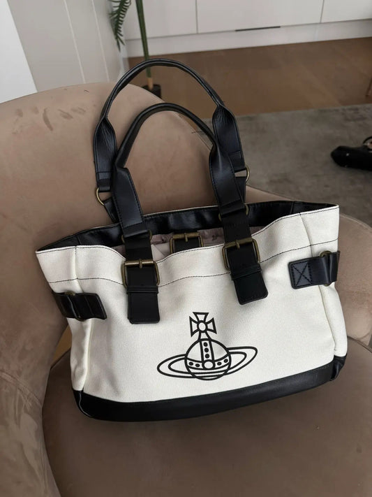 Cream and Black Orb Engraved Design Messenger Tote Hand Bag