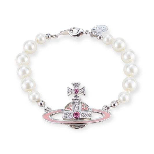 Pearl Beaded Pink & Silver Star Studded Pendant Bracelet
