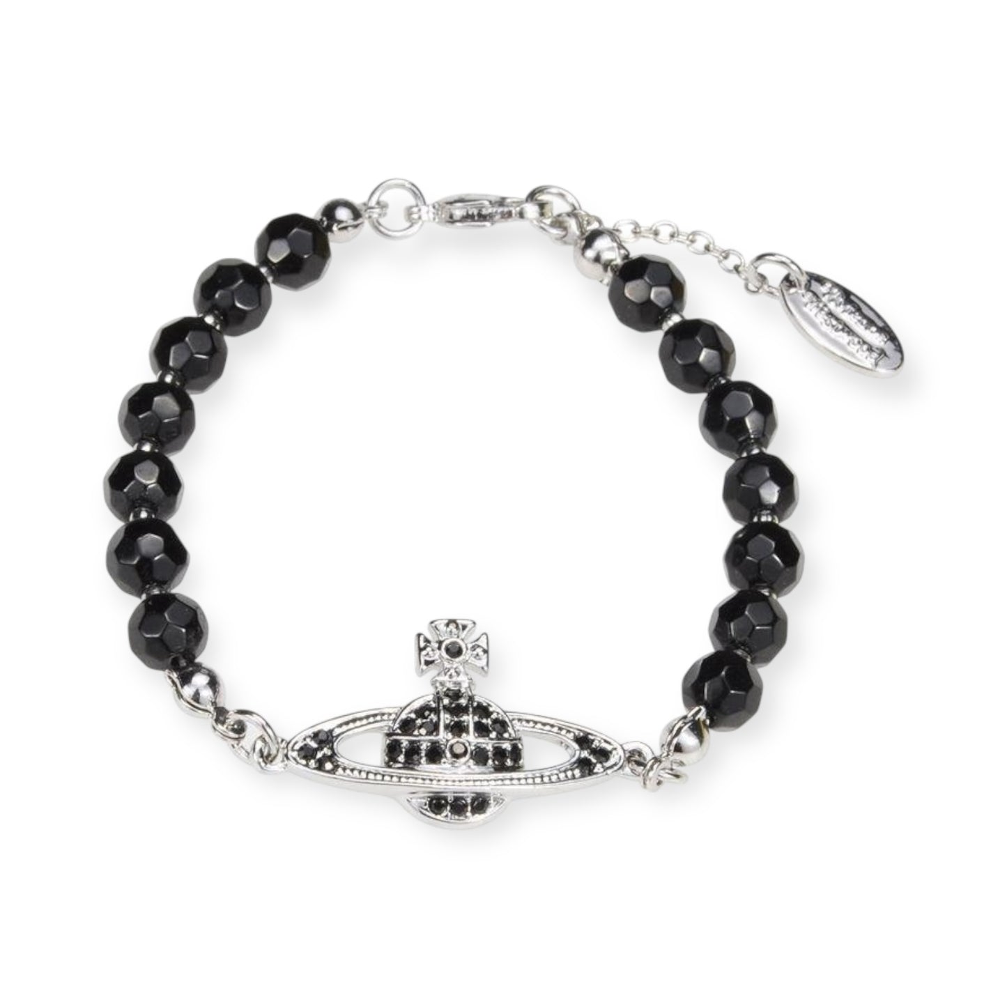 Black Beaded Crystal Pearl Silver Orb Pendant Bracelet