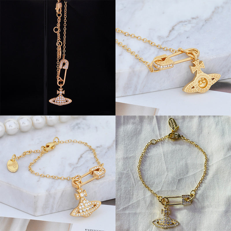 Safety Pin Asymmetrical Gem Studded Orb Pendant Bracelet (4 Colors)