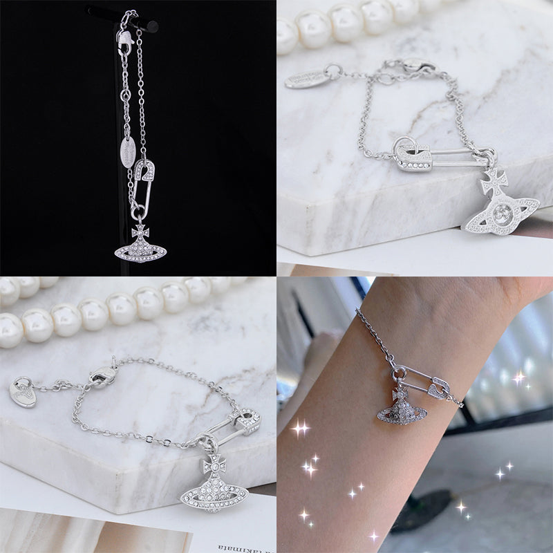 Safety Pin Asymmetrical Gem Studded Orb Pendant Bracelet (4 Colors)