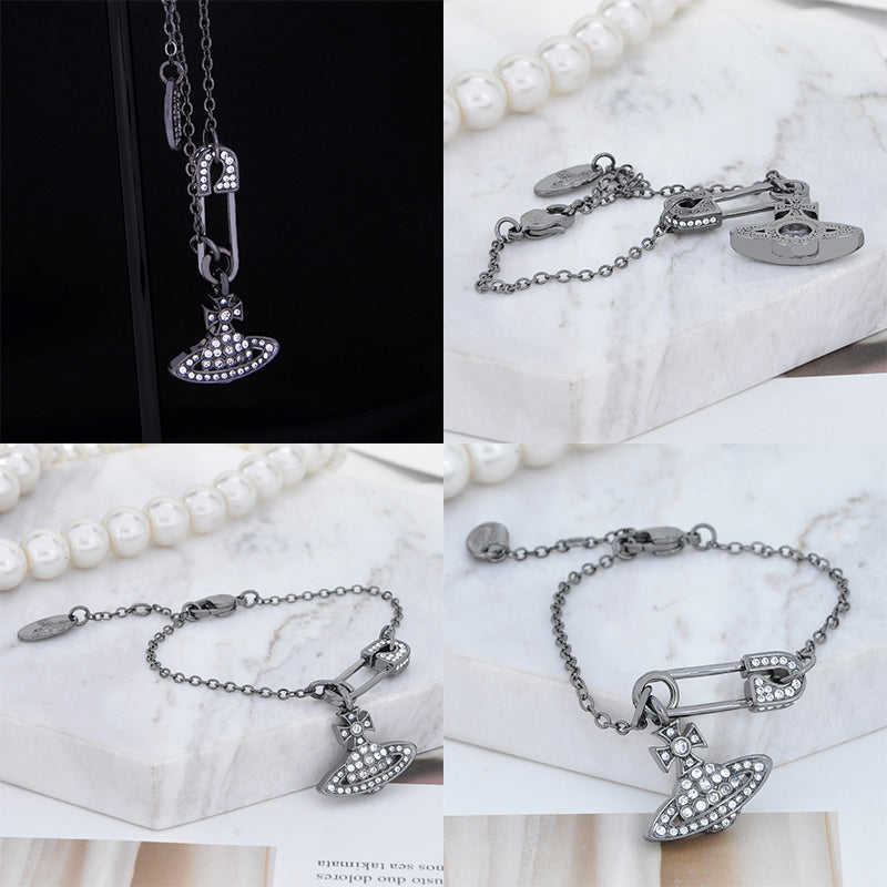 Safety Pin Asymmetrical Gem Studded Orb Pendant Bracelet (4 Colors)