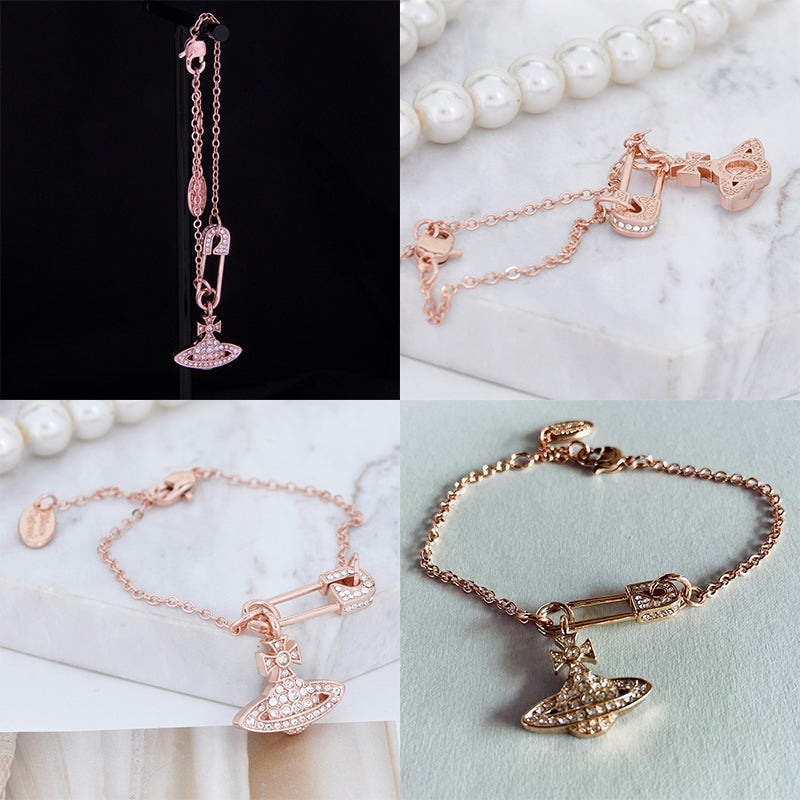 Safety Pin Asymmetrical Gem Studded Orb Pendant Bracelet (4 Colors)