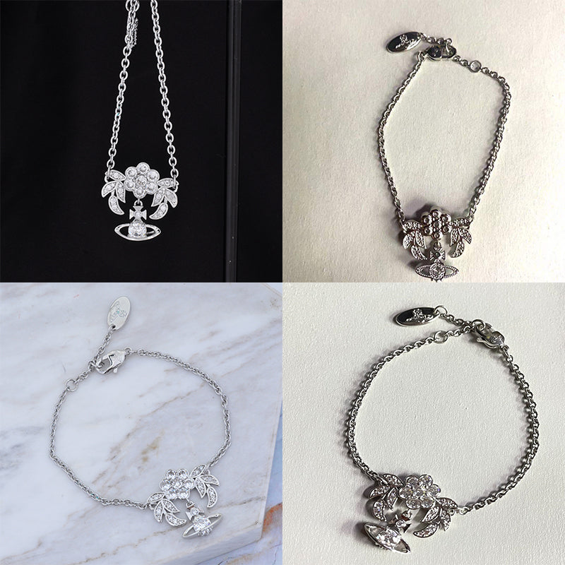 Flower Studded Leaves Mini Gem Orb Hanging Pendant Bracelet (4 Colors)