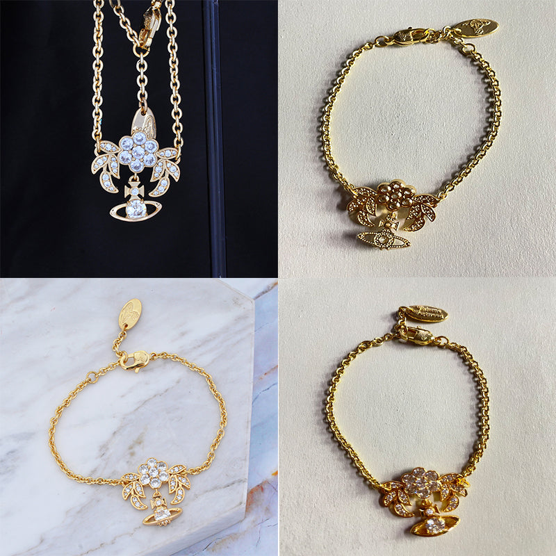 Flower Studded Leaves Mini Gem Orb Hanging Pendant Bracelet (4 Colors)