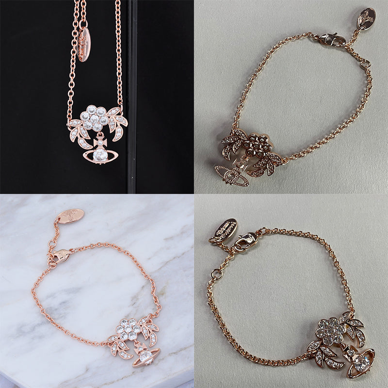 Flower Studded Leaves Mini Gem Orb Hanging Pendant Bracelet (4 Colors)