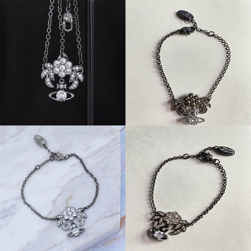 Flower Studded Leaves Mini Gem Orb Hanging Pendant Bracelet (4 Colors)