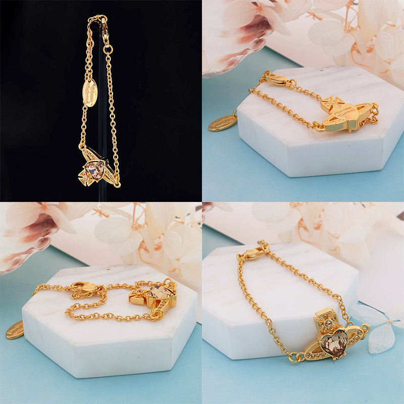 Princess Heart Shaped Gemstone Studded Orb 2D Pendant Bracelet (5 Colors)