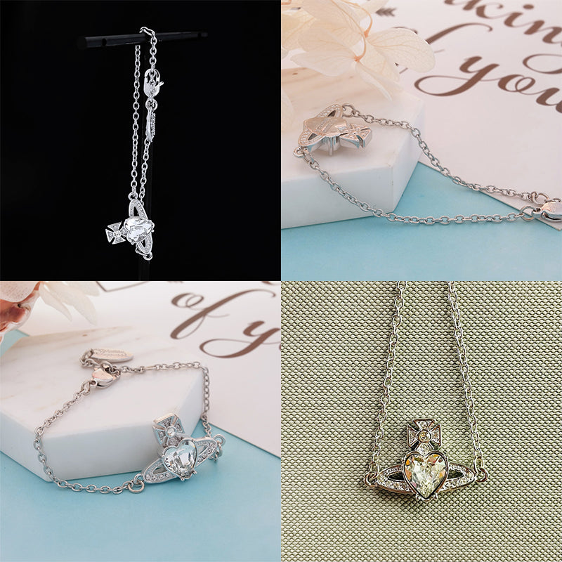 Princess Heart Shaped Gemstone Studded Orb 2D Pendant Bracelet (5 Colors)