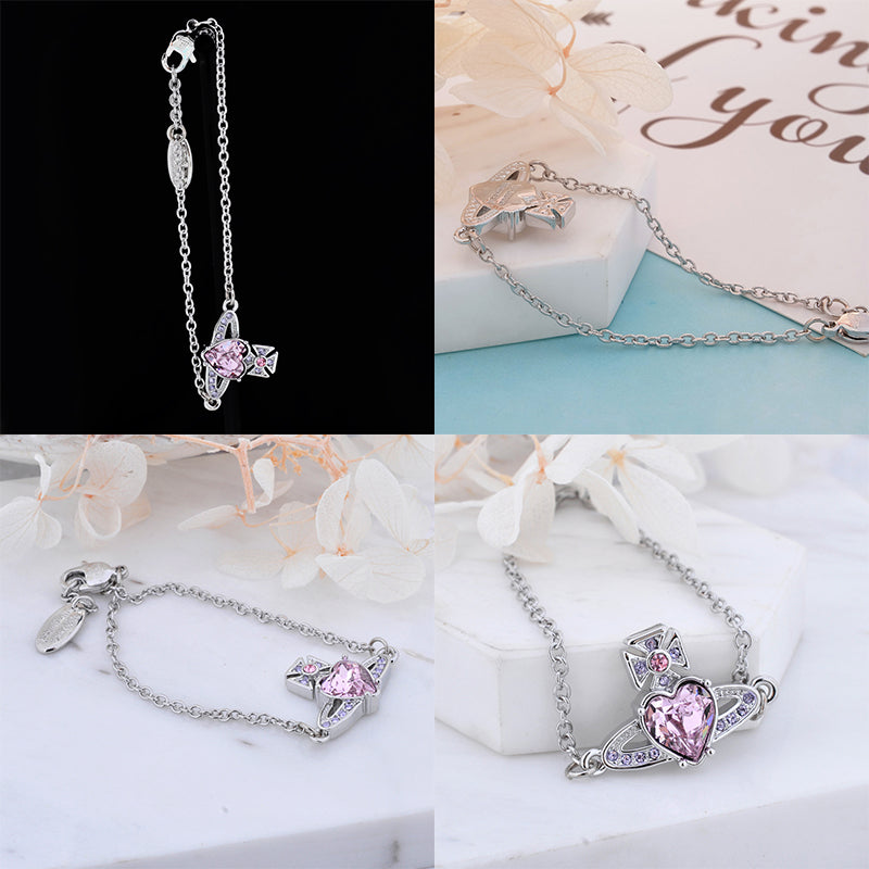 Princess Heart Shaped Gemstone Studded Orb 2D Pendant Bracelet (5 Colors)