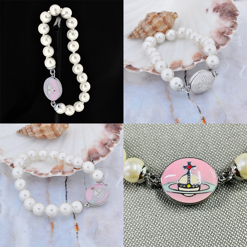 Beaded Pearl Chain Orb Engraved Pendant Magnetic Clasp Bracelet (4 Colors)