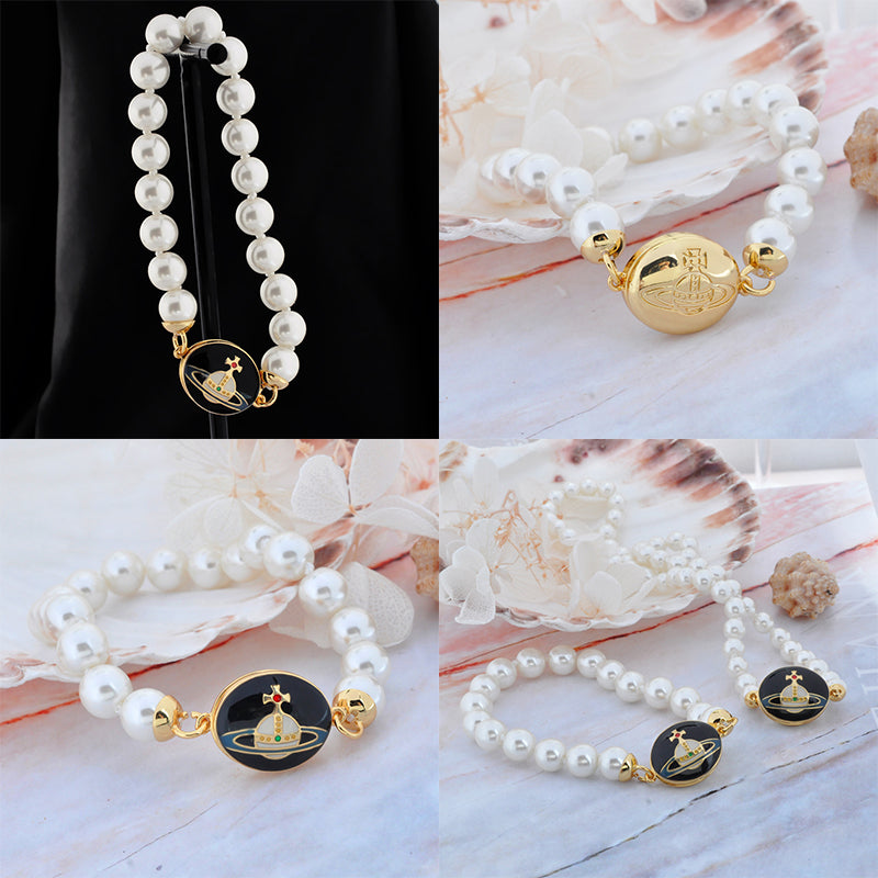 Beaded Pearl Chain Orb Engraved Pendant Magnetic Clasp Bracelet (4 Colors)