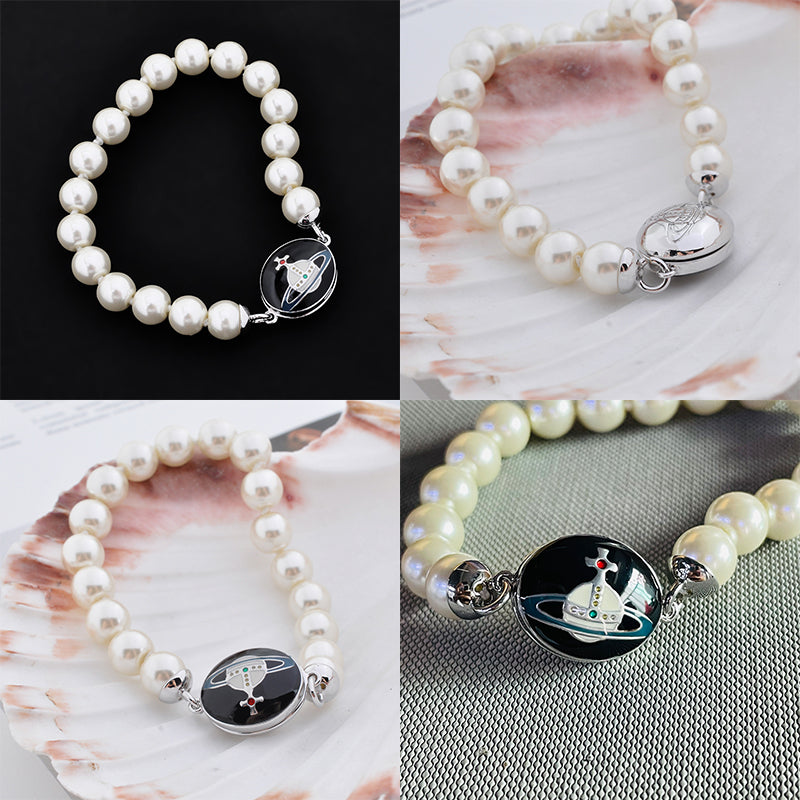 Beaded Pearl Chain Orb Engraved Pendant Magnetic Clasp Bracelet (4 Colors)