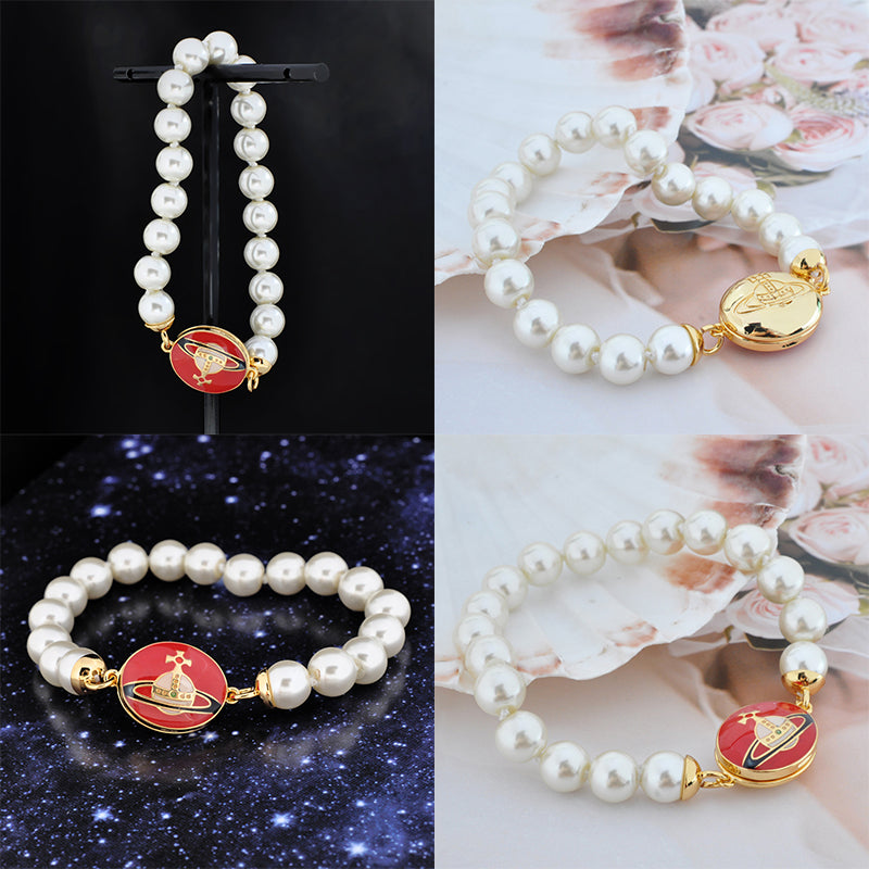 Beaded Pearl Chain Orb Engraved Pendant Magnetic Clasp Bracelet (4 Colors)