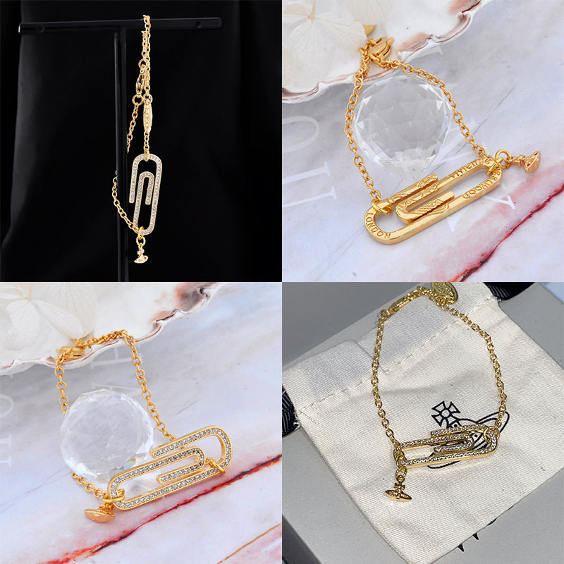 Gem Studded Paperclip Mini Hanging Orb Pendant Gold & Silver Bracelet (2 Colors)