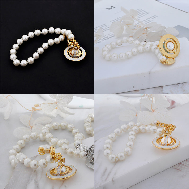 Mini Pearl Orb Hanging Pendant Colored Striped Rim Design Pendant Bracelet (6 Colors)