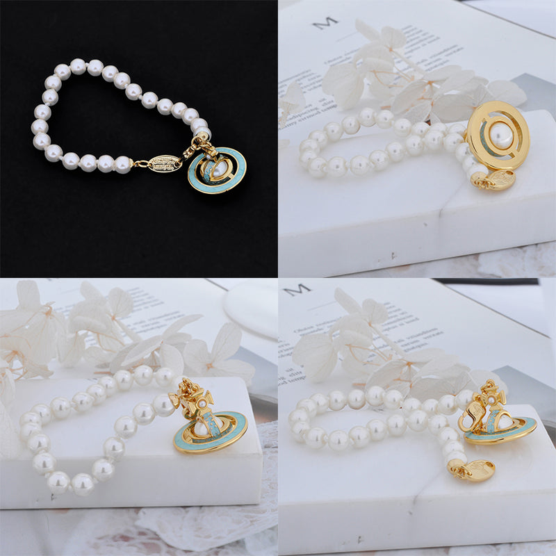 Mini Pearl Orb Hanging Pendant Colored Striped Rim Design Pendant Bracelet (6 Colors)