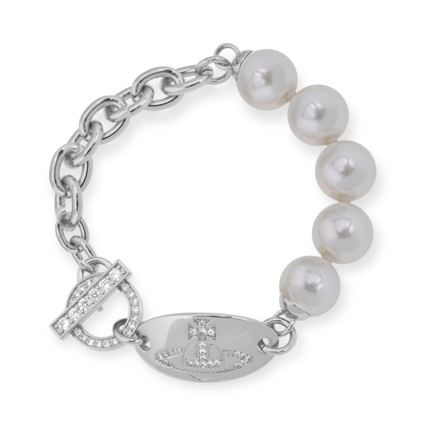 Pearl Hanging Oval Engraved Orb Gem Studded Pendant Gold & Silver Bracelet (2 Colors)