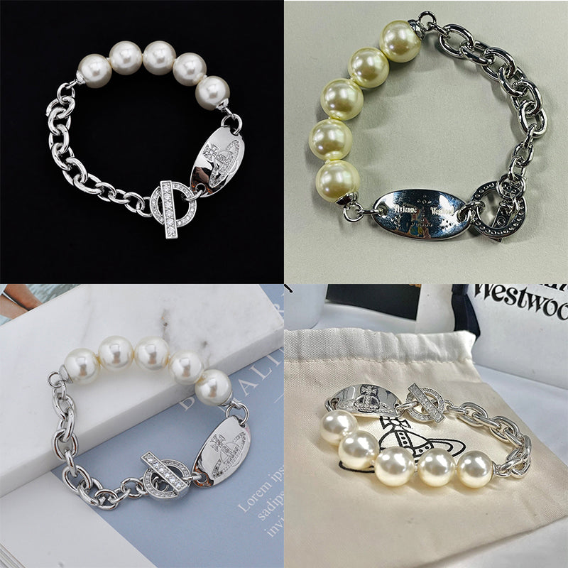 Pearl Hanging Oval Engraved Orb Gem Studded Pendant Gold & Silver Bracelet (2 Colors)