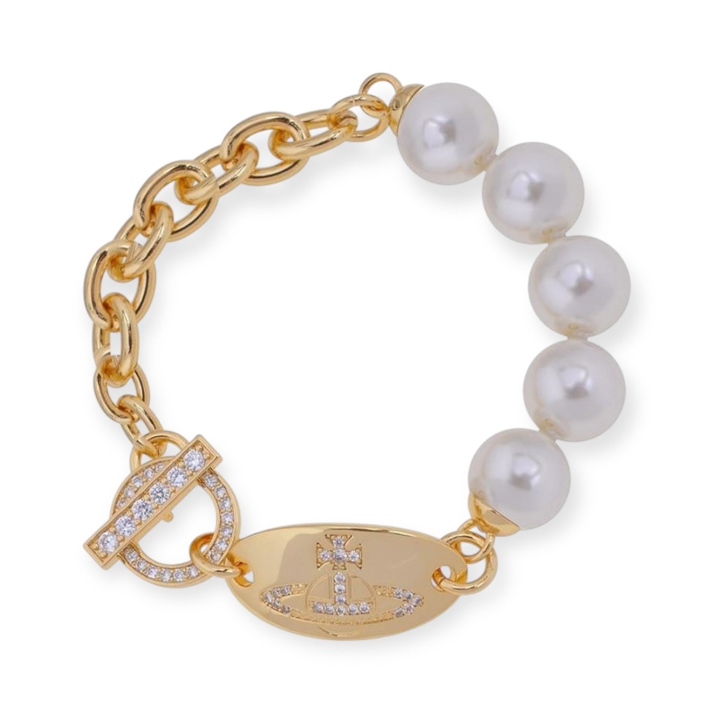 Pearl Hanging Oval Engraved Orb Gem Studded Pendant Gold & Silver Bracelet (2 Colors)