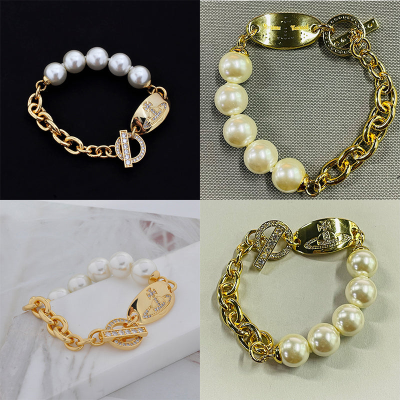 Pearl Hanging Oval Engraved Orb Gem Studded Pendant Gold & Silver Bracelet (2 Colors)